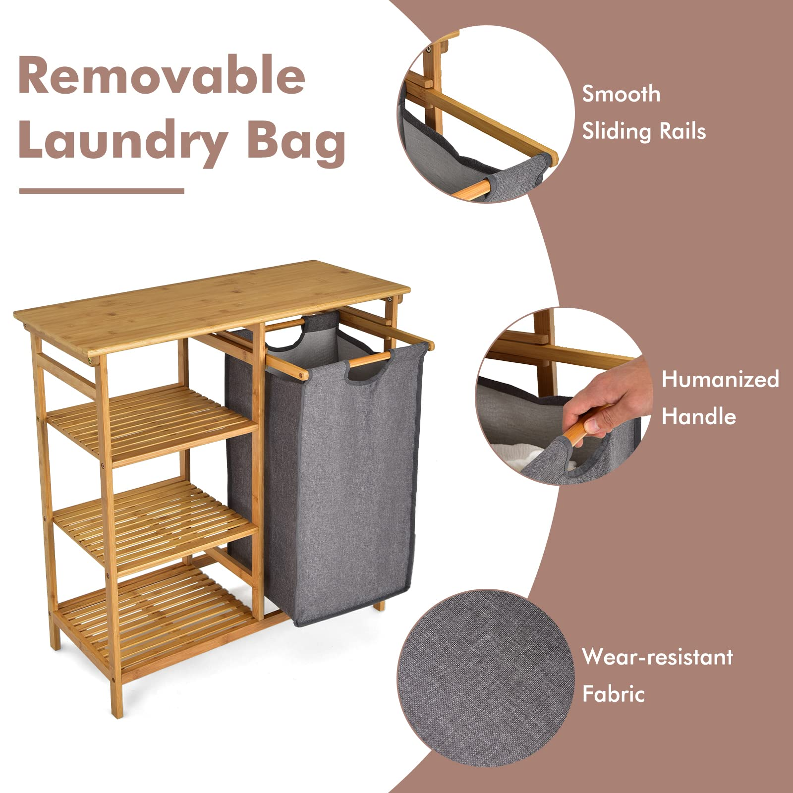 Freestanding Laundry Organizer w/ Removable Sliding Bag & 3-Tier Open Shelves