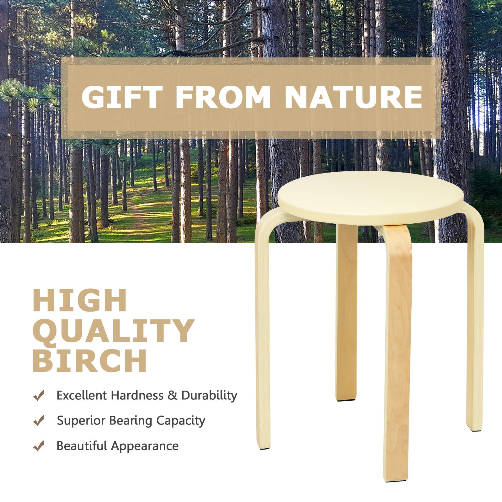 4-Pack Bentwood Stack Stools, 18.5-Inch Portable Stools with PU Leather Round Top, Non-Slip Foot Mats