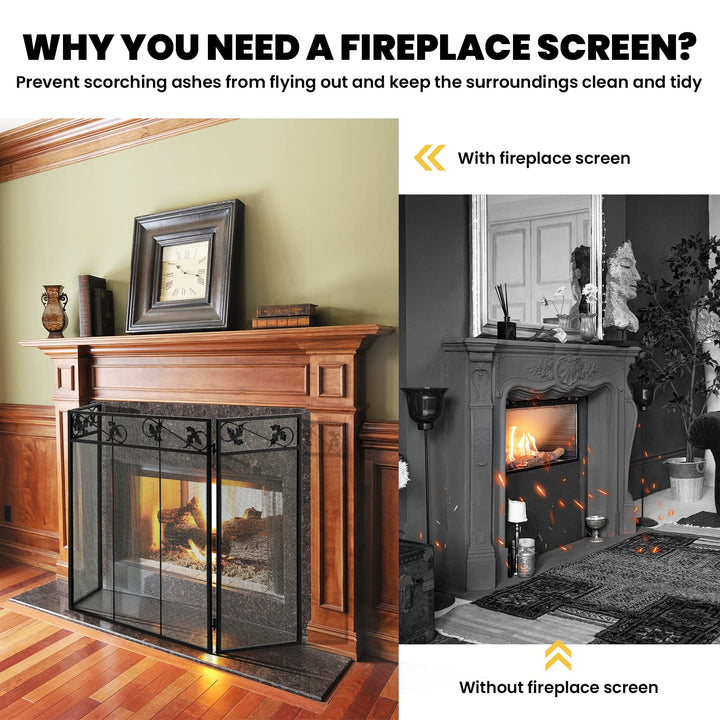 Giantex 3-Panel Fireplace Screen Black - 50 x 30 Inch Folding Antique Mesh Metal Flat Fireplace Screen