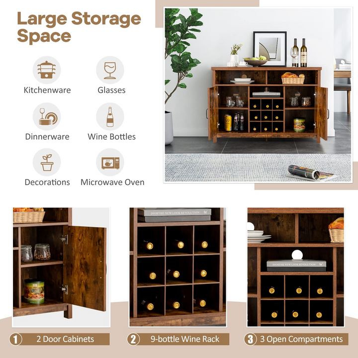 Giantex Buffet Sideboard, Farmhouse Kitchen Storage Cabinet, 9-Bottle Wine Rack & 2 Door Cabinets