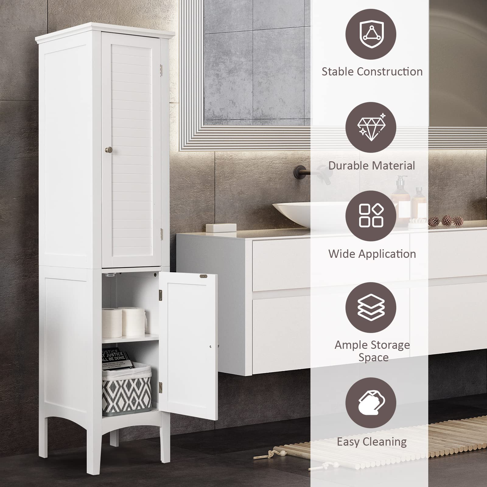 Storage Cabinet Bathroom High Cabinet with 5 Tier Shelves