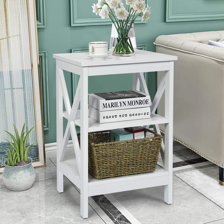 Nightstand 3-Tier X-Design W/Storage Shelves and Stable Structure Storage Organizer Display Sofa Side Table