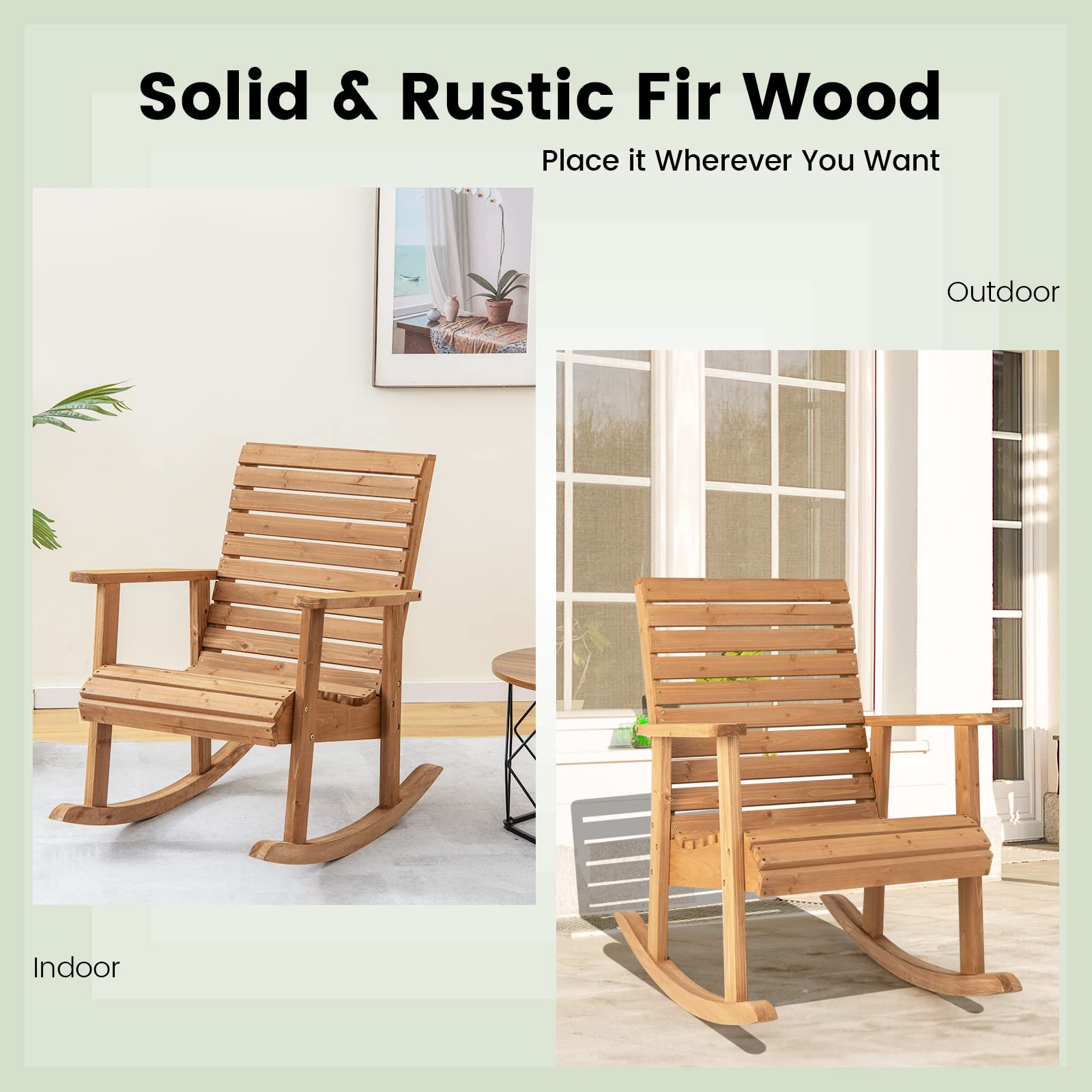 Giantex Wood Rocking Chair Outdoor - Outside Rocker with High Backrest
