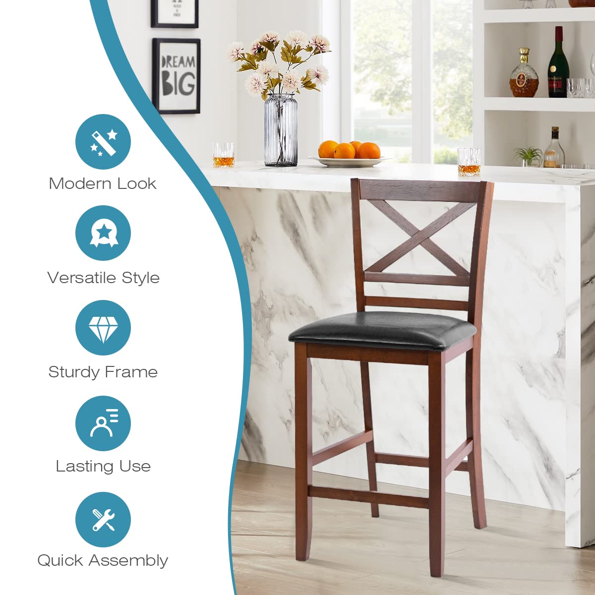 Giantex Modern 25” Counter Height Dining Pub Stools with X-Shaped Backrest, Soft Cushion & Durable PU Seat