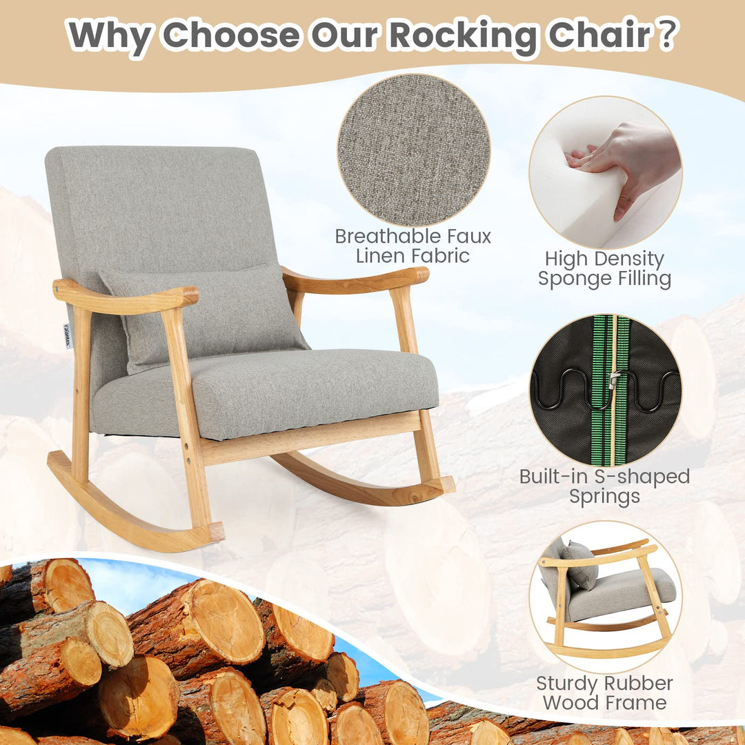 Giantex Upholstered Rocking Chair - Modern Rocker with Rubber Wood Frame, Comfy Backrest & Seat