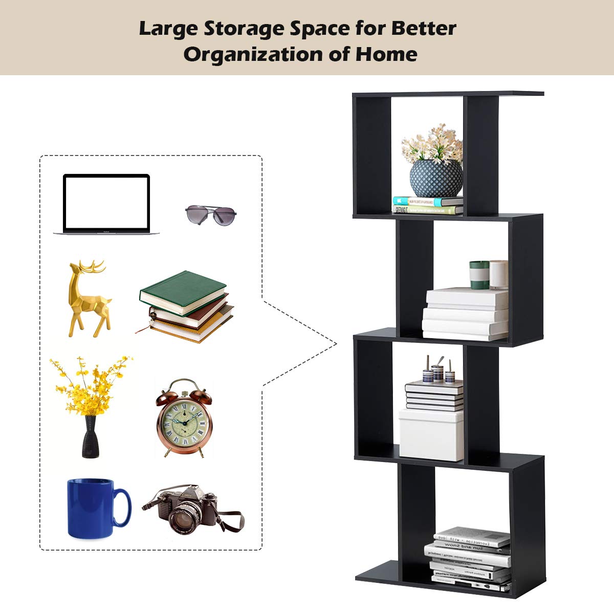4 Tier Bookshelf S Shaped Bookcase, Multifunctional Wooden Display Decor Furniture