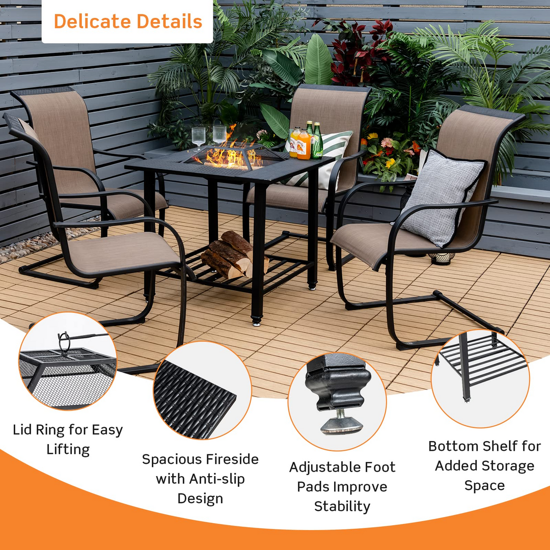 4-in-1 Wood Burning Fire Pit, Square Firepit Table with Mesh Cover