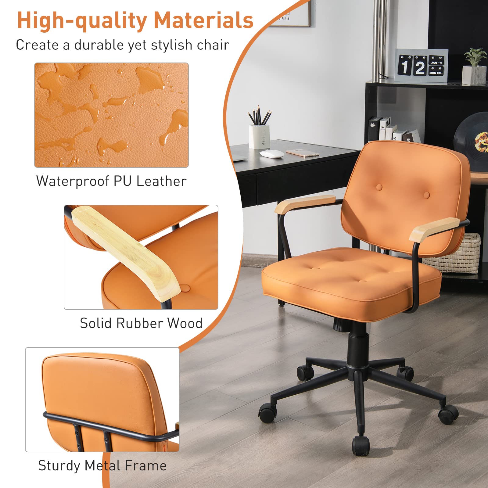 Giantex Home Office Chair, Height Adjustable PU Leather Desk Chair w/Rocking Backrest, Orange