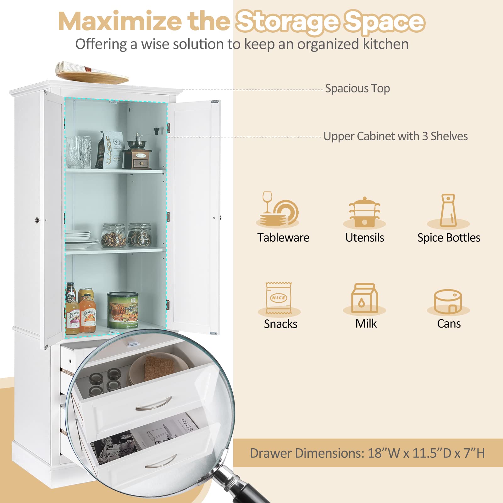 Giantex Kitchen Pantry Cabinet - 62” Floor Storage Cabinet with 2 Large Drawers(White)