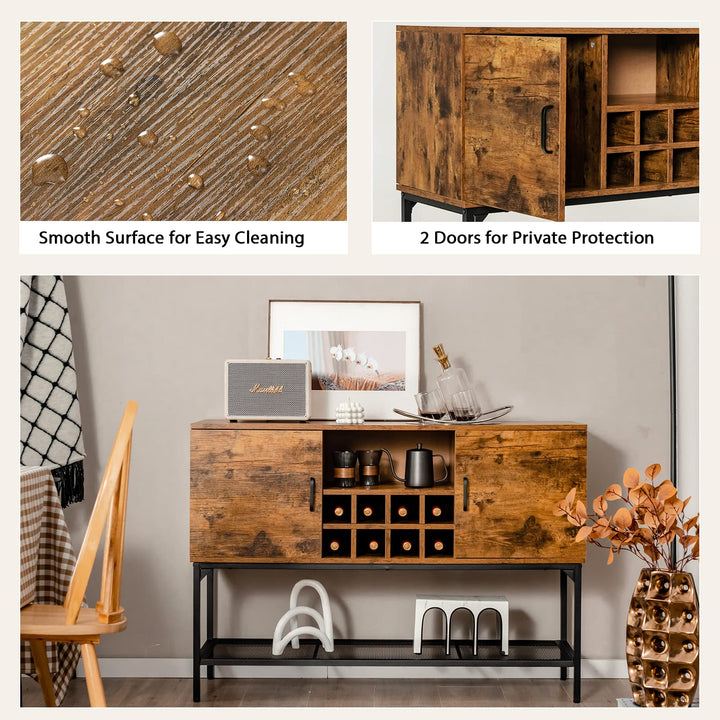 Giantex Industrial Buffet Sideboard, Freestanding Kitchen Cupboard with Wine Rack (Rustic Brown & Black)