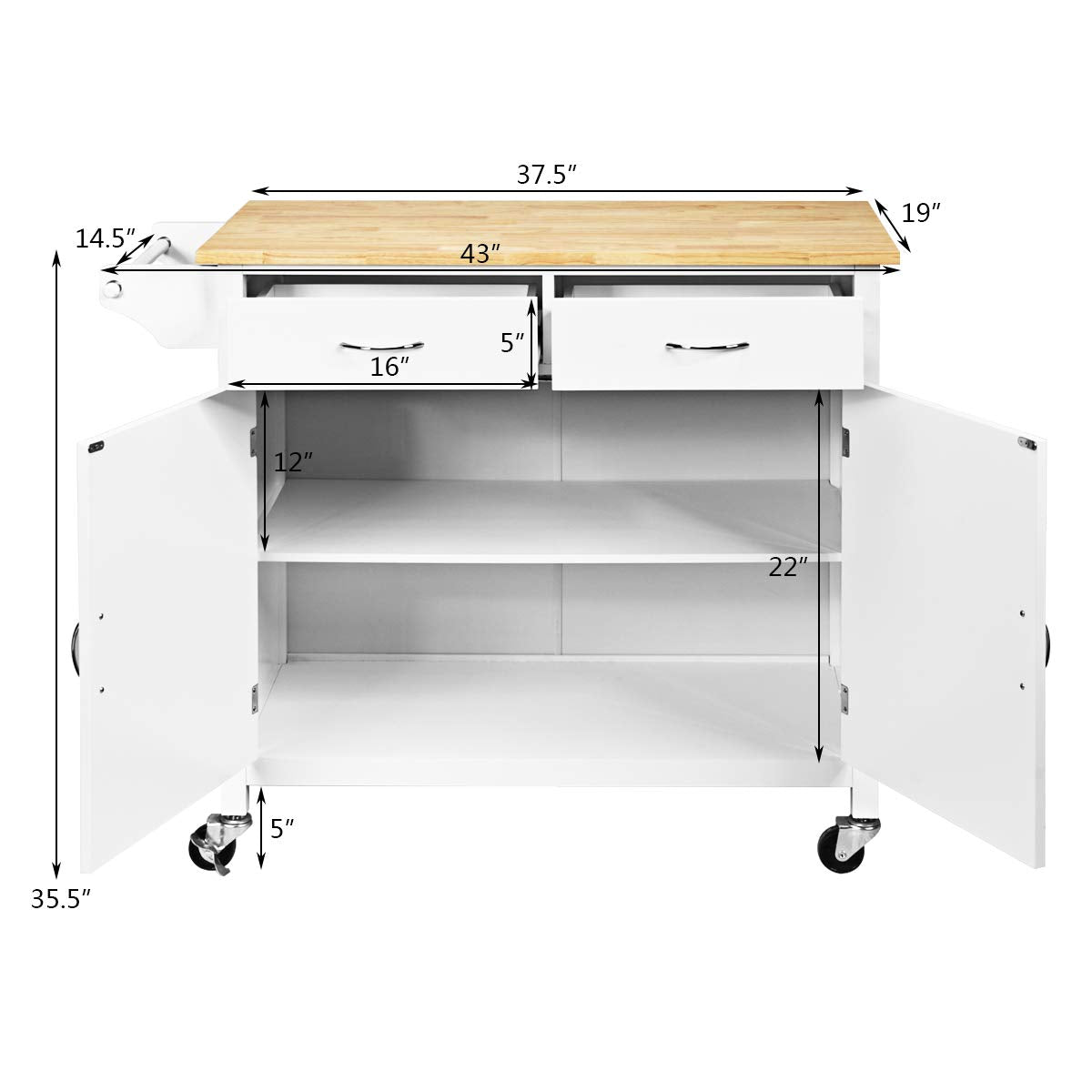 Giantex Kitchen Island, Rolling Kitchen Cart, Wood Counter Top, Bar Dining Room Organizer Furniture, White