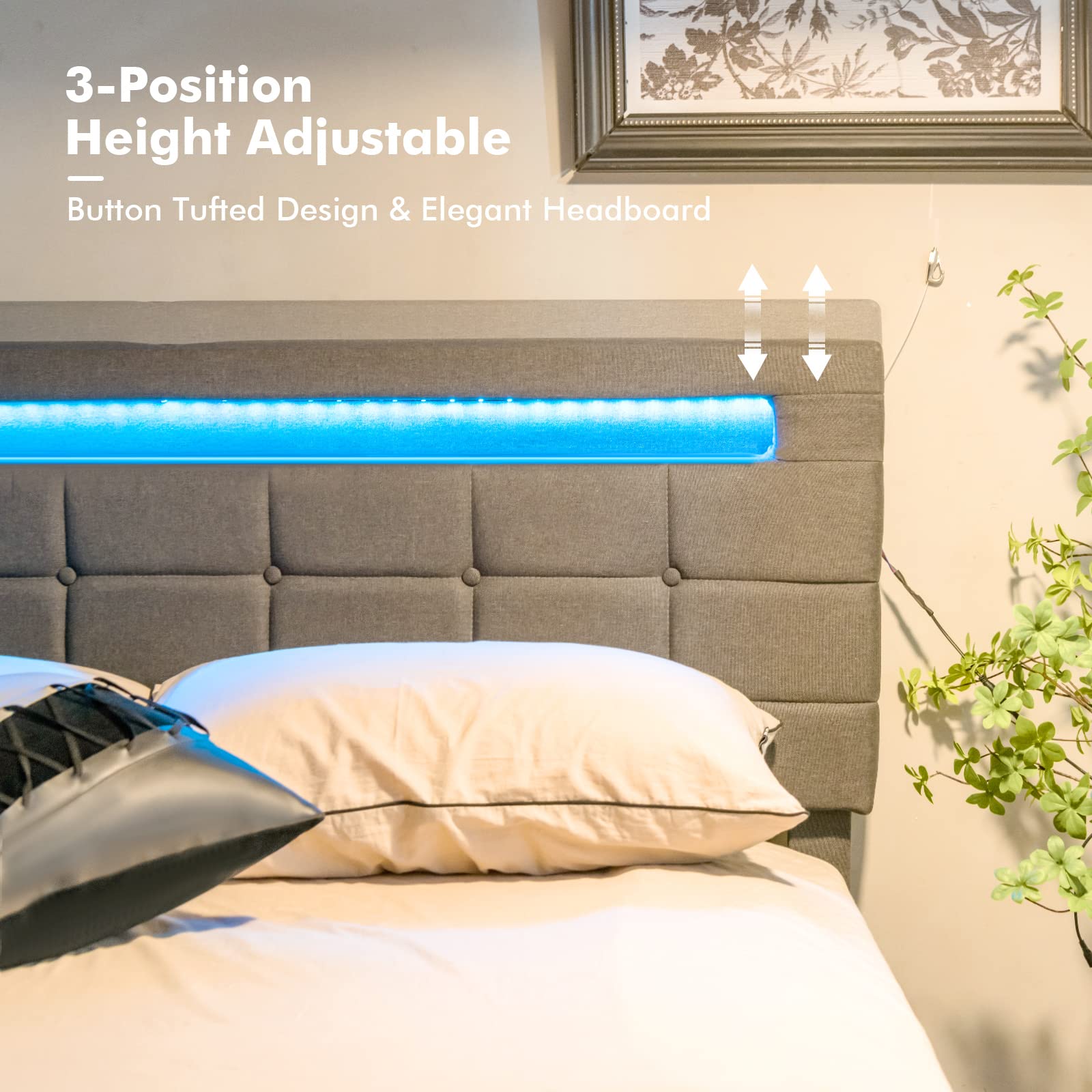 Giantex Queen Bed Frame with LED Lights and 4 Drawers, Upholstered Platform Bed Frame with USB Ports