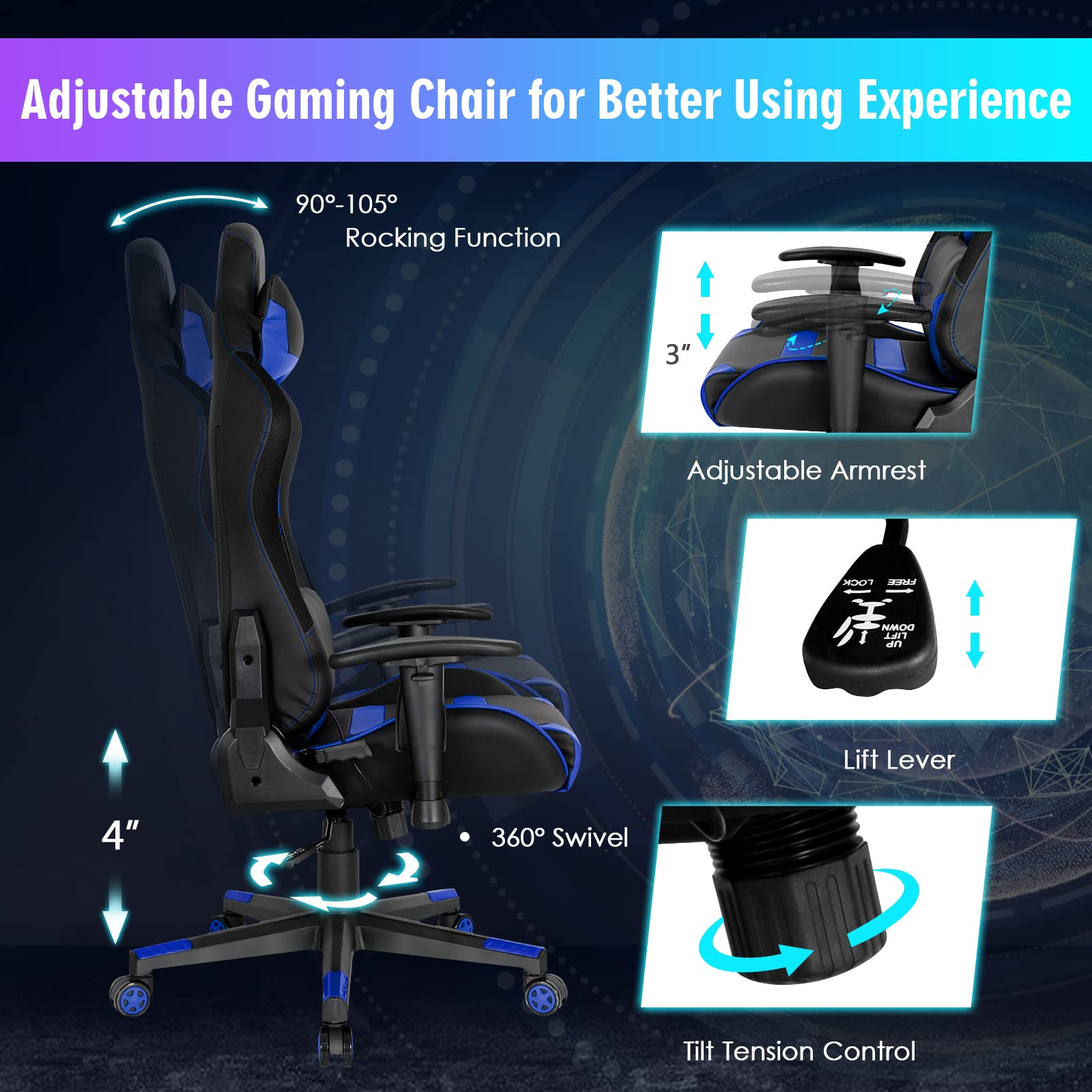 Giantex RGB Gaming Chair, Ergonomic Video Game Chair with Led Light
