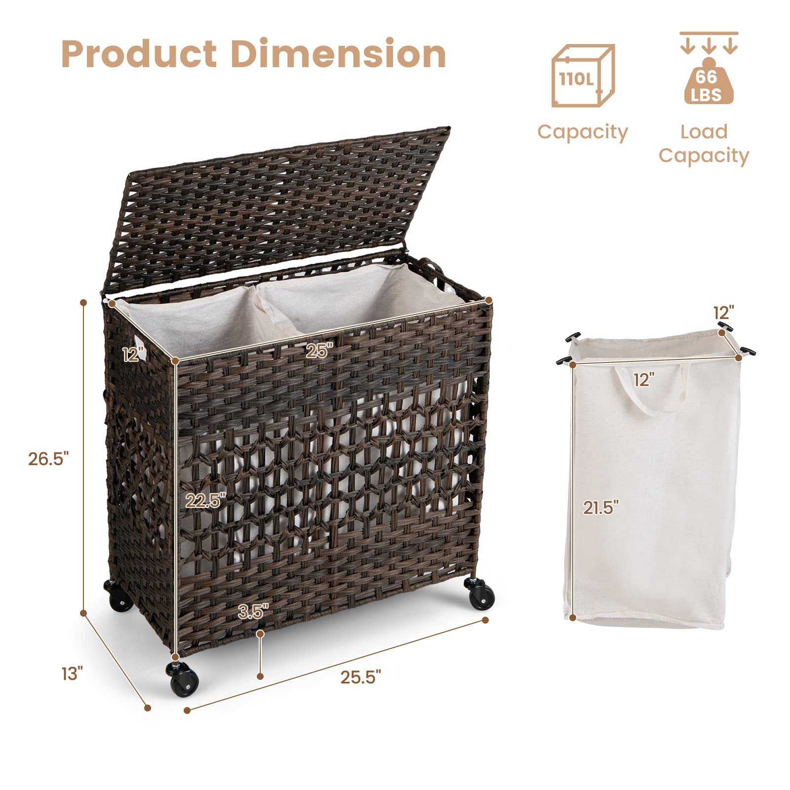 Giantex Laundry Hamper with Wheels and Lid, 33 Gal (125L) Wicker Laundry Basket, 2 Removable Liner Bags