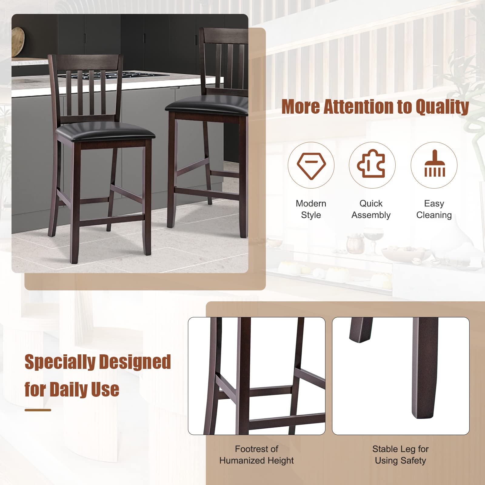 Giantex 25” Counter Height Pub Chairs with Rubber Wood Legs, Armless Bar Chairs with Elastic Cushion & PU Cover for Kitchen