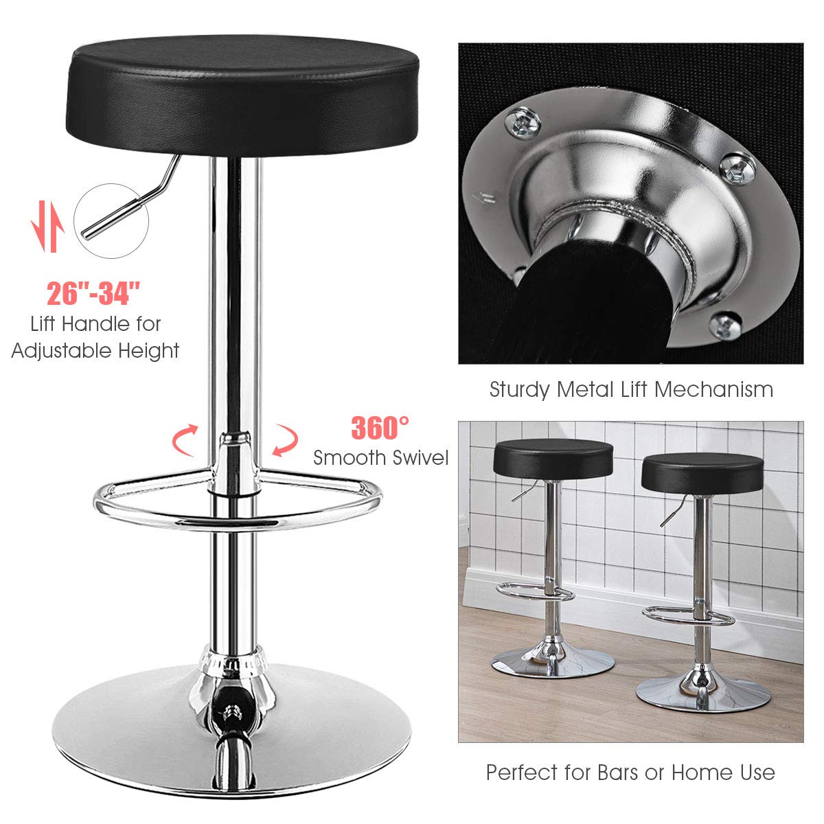 Modern Swivel Backless Round Barstool, PU Leather Armless bar Chair with Height Adjustable, Chrome Footrest