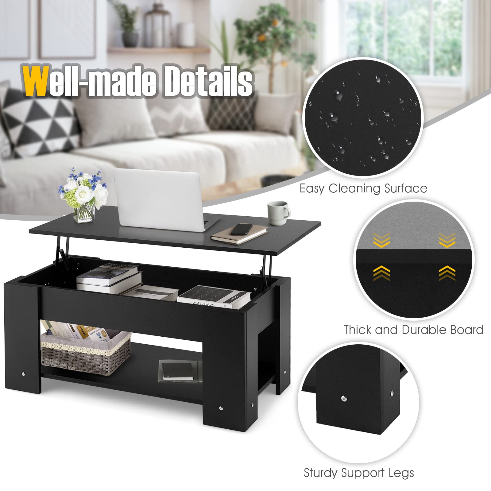 Giantex Lift Top Coffee Table, Modern Cocktail Table w/Hidden Compartment & Open Storage Shelf
