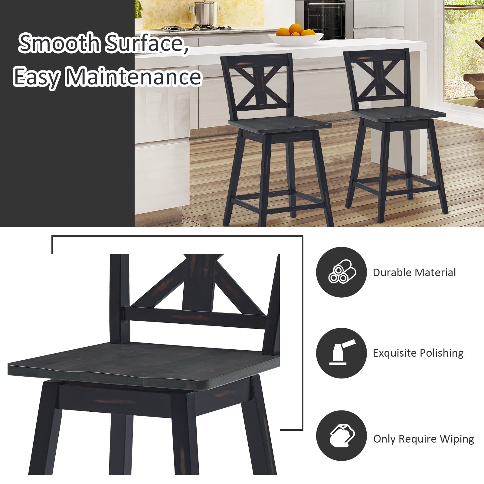 360 Degree Rubber Wood Bar Chairs, Vintage Bar Stools for Home, Restaurant & Pub