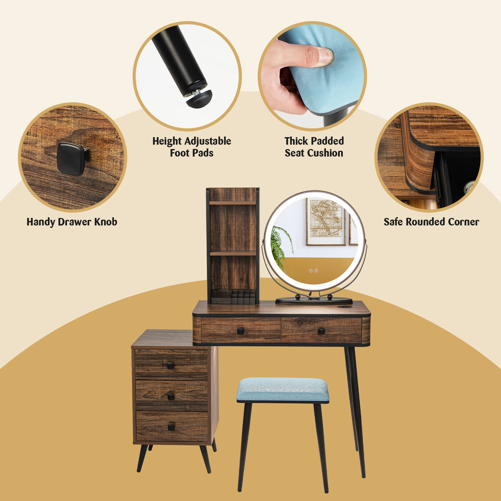 CHARMAID Vanity Table Set with 3-Color Dimmable Lighted Mirror