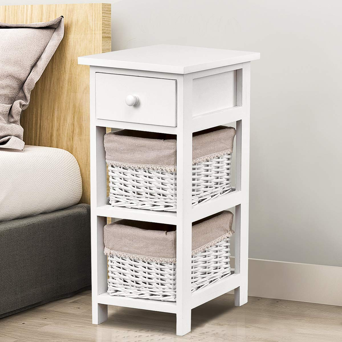 Giantex Wooden Nightstand 3-Tier Modern Bedside Table with 1 Drawer and 2 Storage Baskets