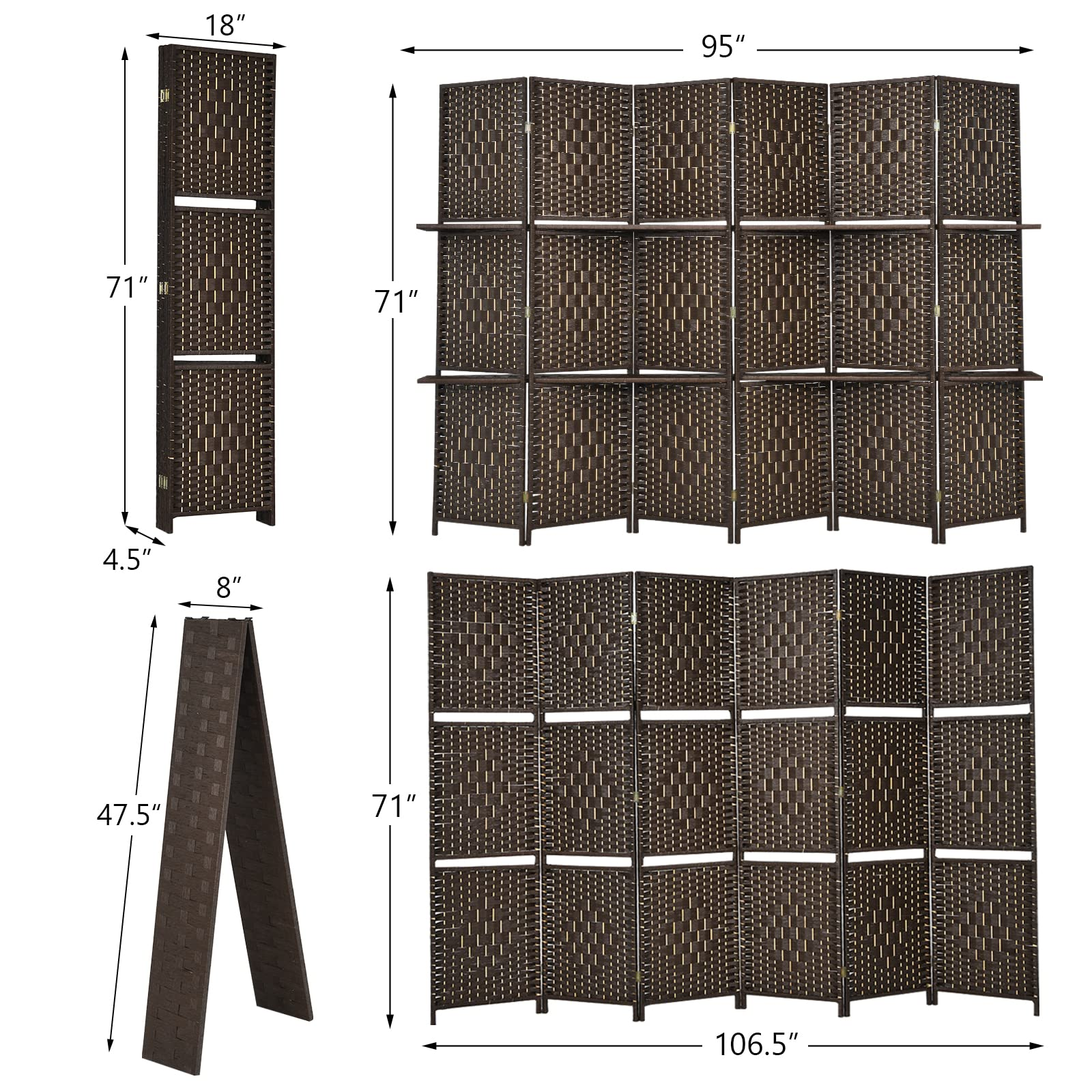 Giantex 6Ft 6 Panel Room Divider with Shelves
