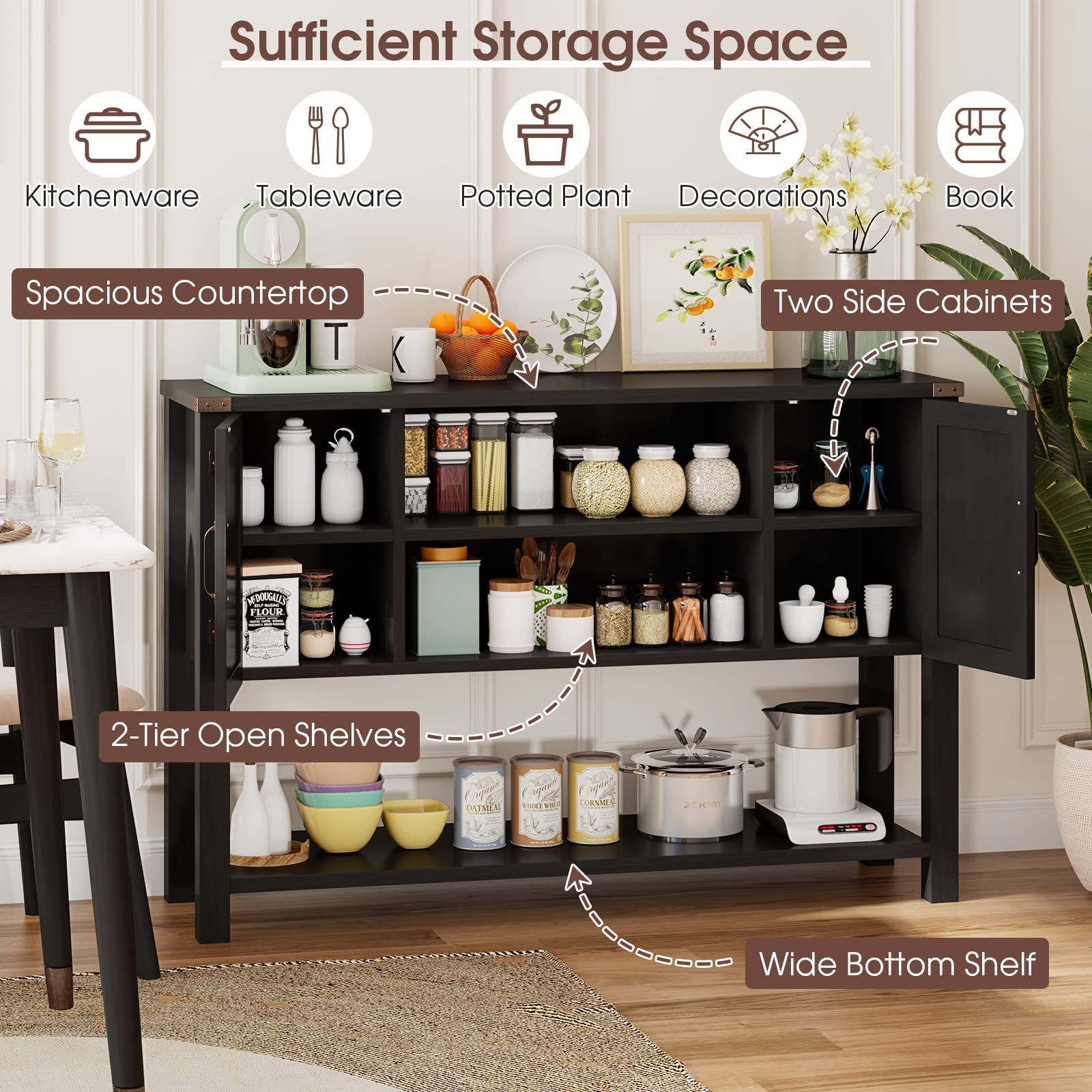 Giantex Buffet Sideboard, Farmhouse Wood Cupboard w/ 2 Storage Cabinets & 2-Tier Open Shelf