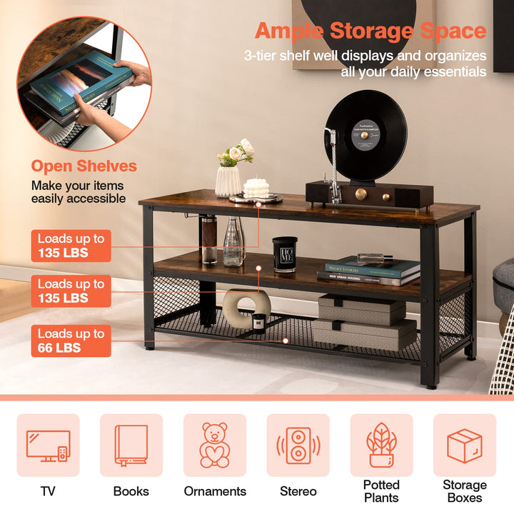Giantex TV Stand for TV up to 50 Inches, 43.5 inch Wood Industrial TV Cabinet with 3-Tier Storage Shelves, Rustic Brown