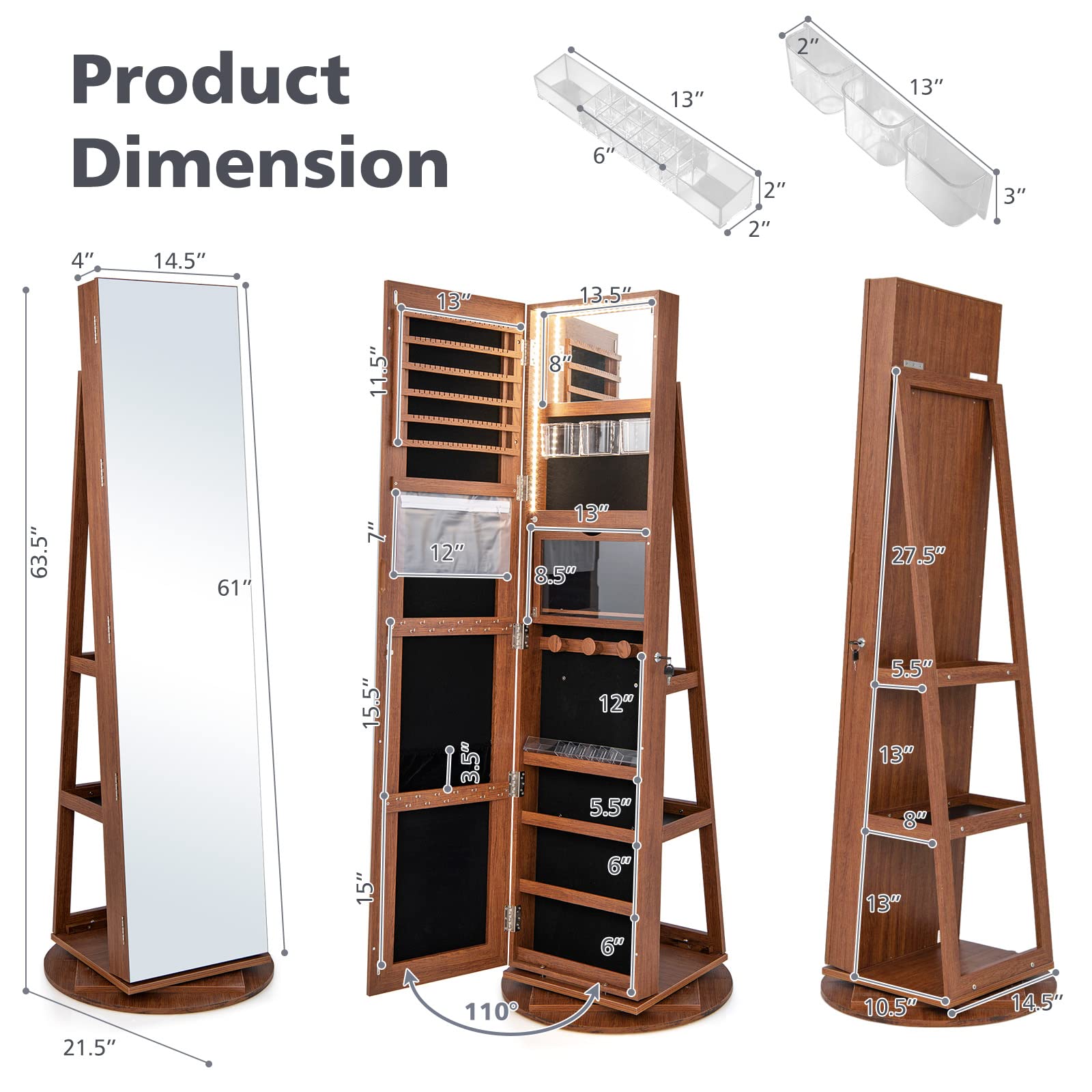Jewelry Armoire, Walnut - Giantex
