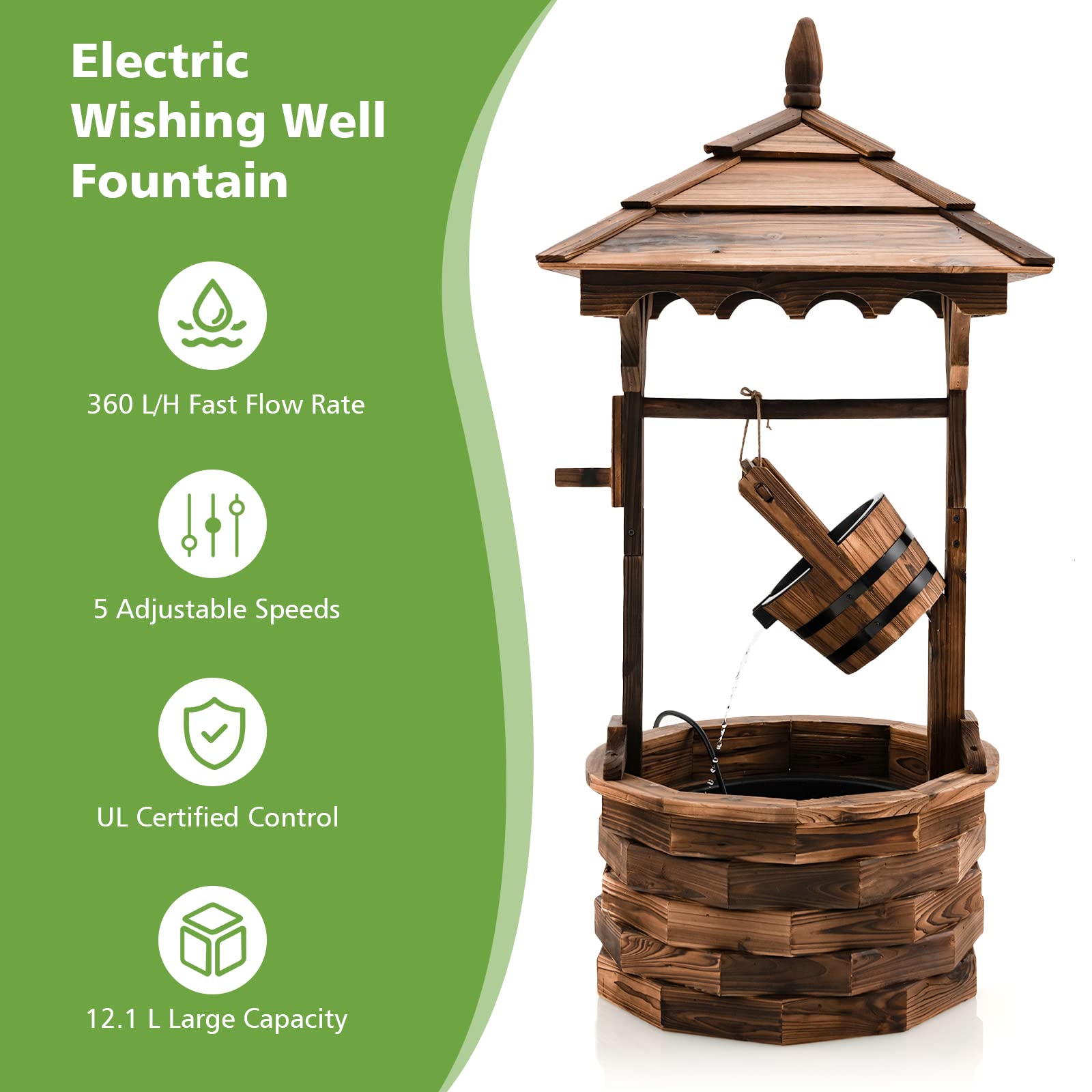 Giantex Rustic Wishing Well Fountain, Outdoor Wooden Water Fountain with Electric Pump