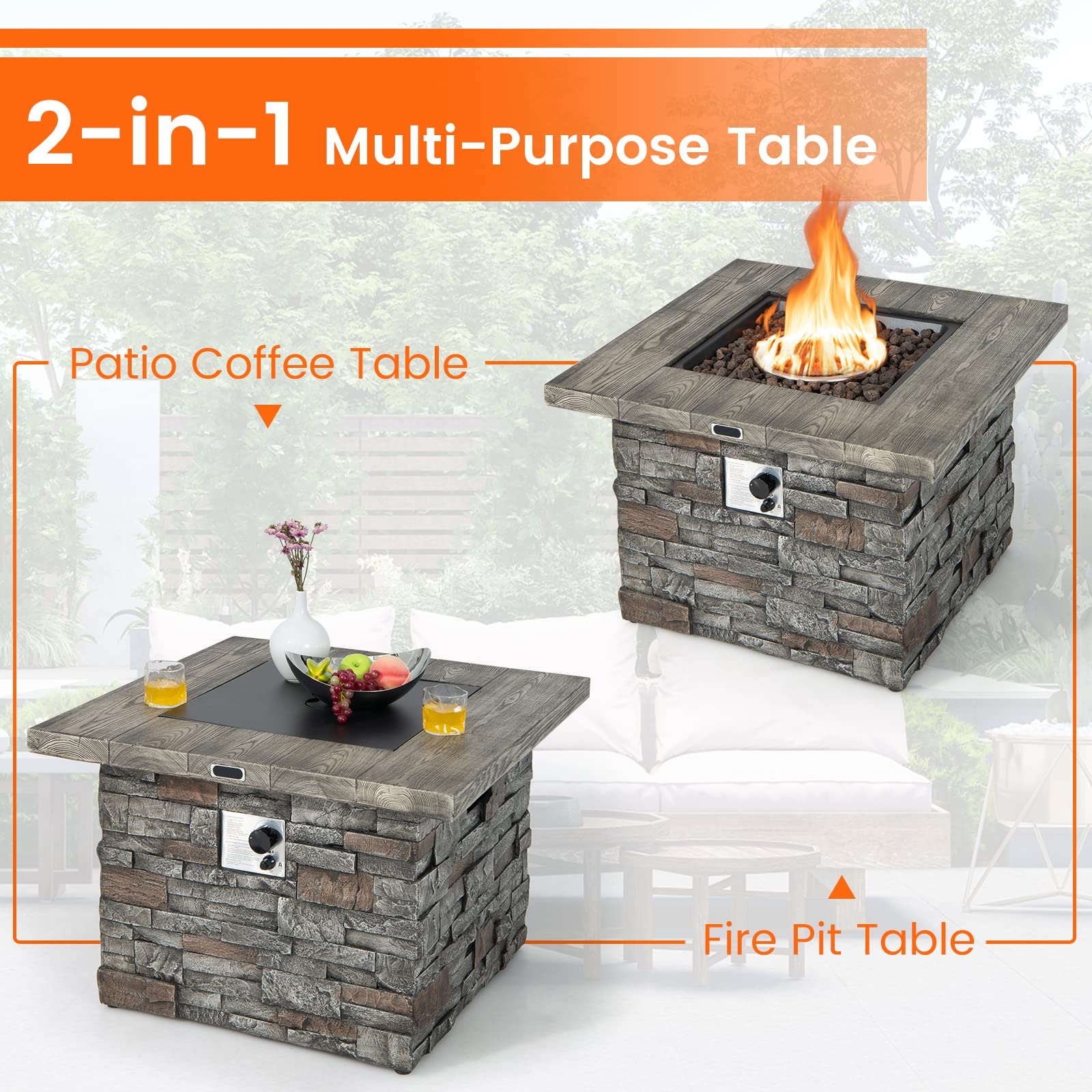 34.5" Propane Gas Fire Pit Table - Patio 2-in-1 Outdoor Square Fire Table W/ Volcanic Rock & PVC Cover