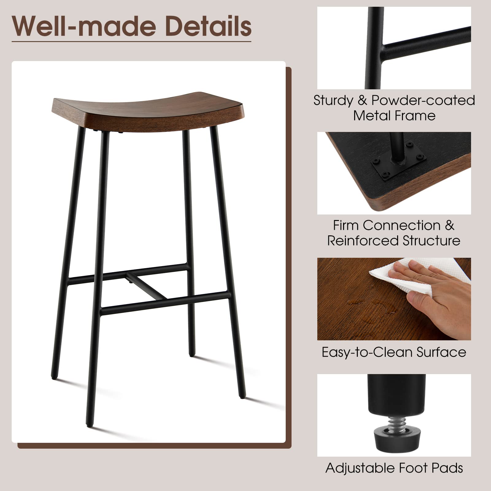 Industrial Saddle Stool with Footrest, Metal Legs, Adjustable Foot Pads, Backless Counter Height Chair for Living Room Kitchen Bar