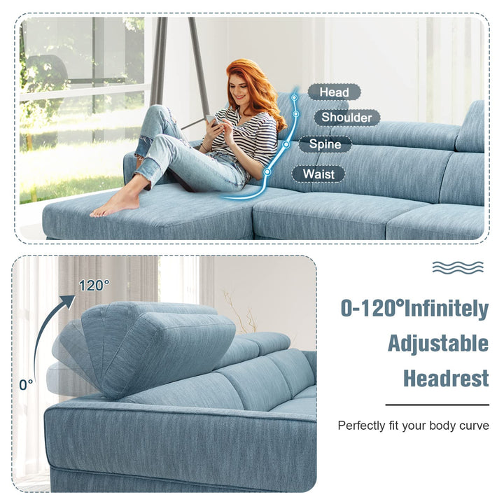 Giantex L-Shaped Sofa Couch, 3-Seat Upholstered Sofa with Wide Chaise Lounge, Adjustable Headrest, Blue