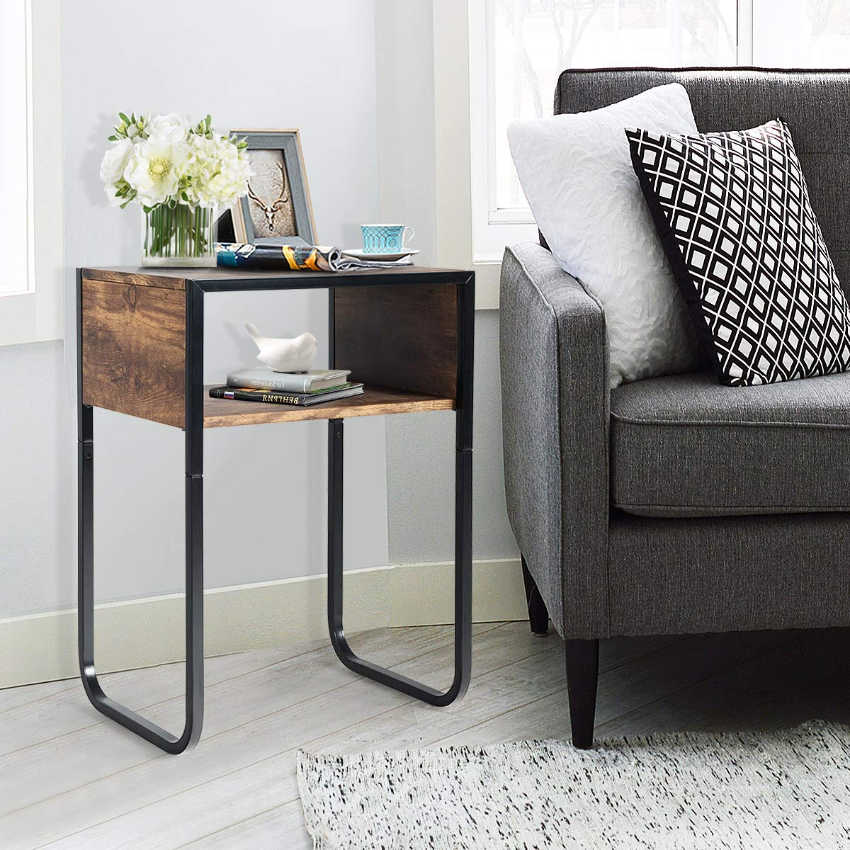 Giantex Side Table Industrial W/Drawer and Metal Frame (2, Rustic Brown)