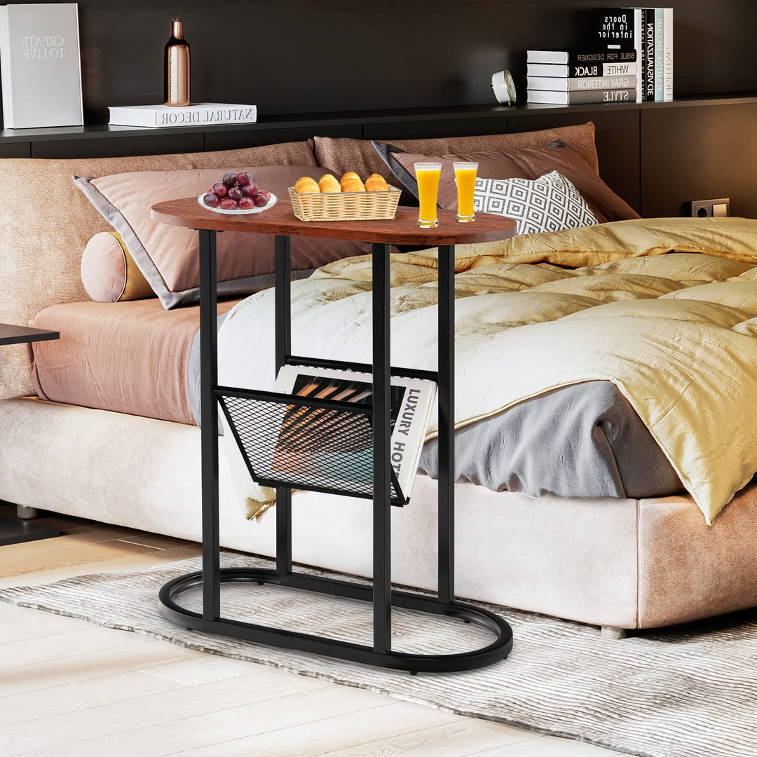 Giantex Oval Narrow Side Table, Small End Table with Magazine Rack Sling Holder Pouch