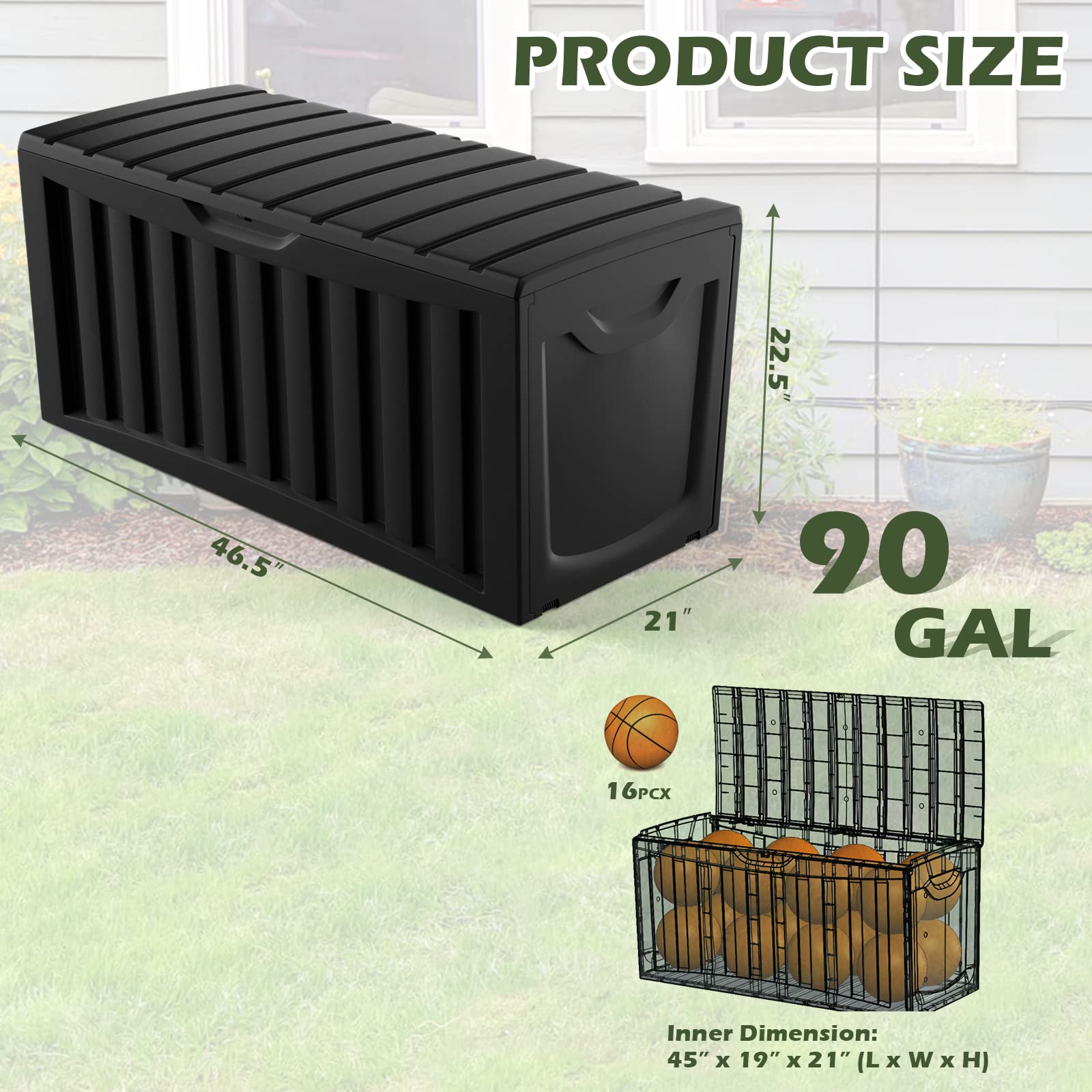 Giantex 90-Gallon Outdoor Storage Box - Outside Storage Box with Built-in Rollers & Recessed Handles, Black