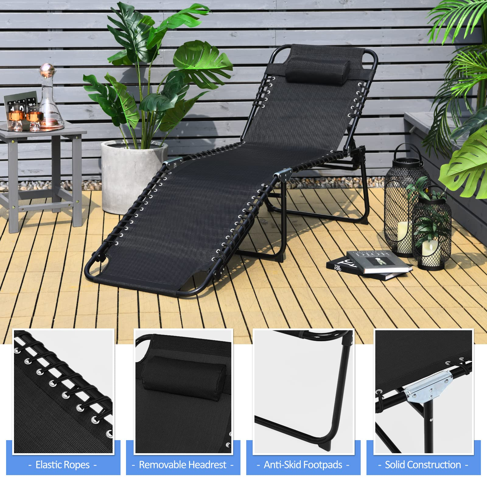 Folding Chaise Lounge Chair, Adjustable Beach Chair, Folding Patio Recliner