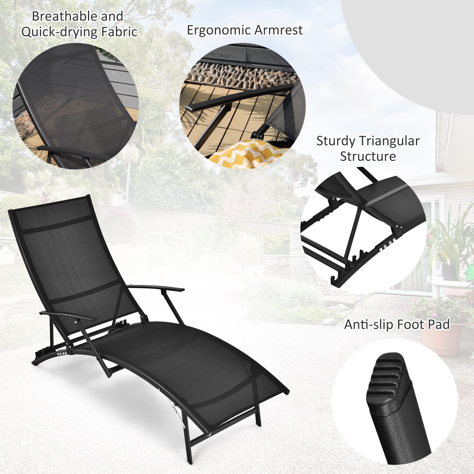 Giantex Set of 2 Patio Chaise Lounge Chairs, with 5-Level Adjustable Backrest, Armrests