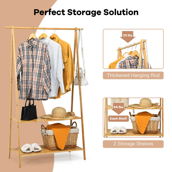 2-Tier 5.3Ft 100% Bamboo Garment Rack with Top Hanging Rod and Bottom Storage Shelves
