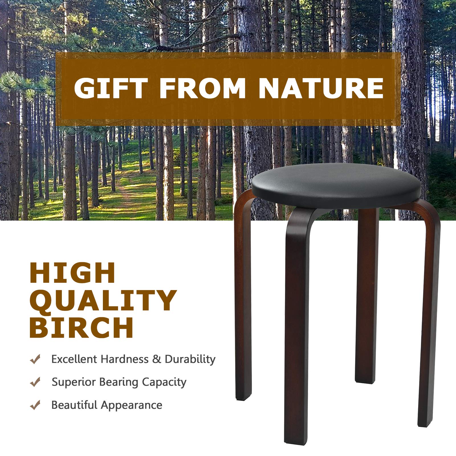 4-Pack Bentwood Stack Stools, 18.5-Inch Portable Stools with PU Leather Round Top, Non-Slip Foot Mats