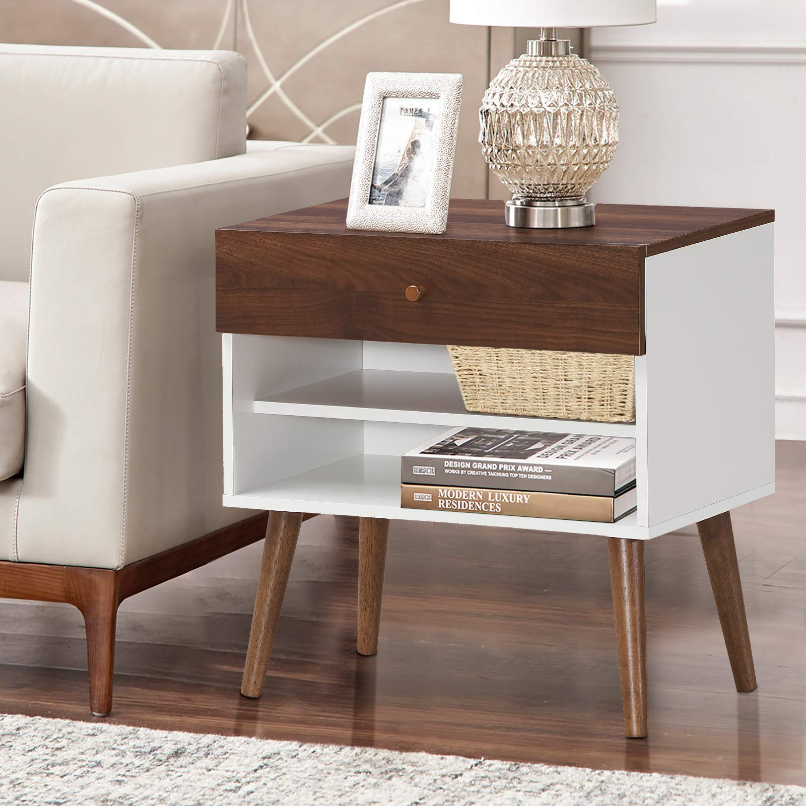 Nightstand with Drawer and Storage Shelves & Rubber Wood Legs, Brown&White