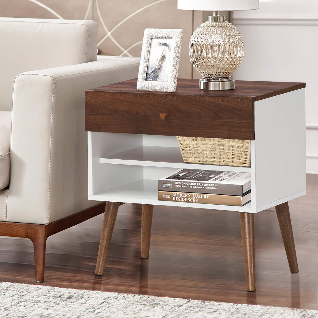Nightstand with Drawer and Storage Shelves & Rubber Wood Legs, Brown&White