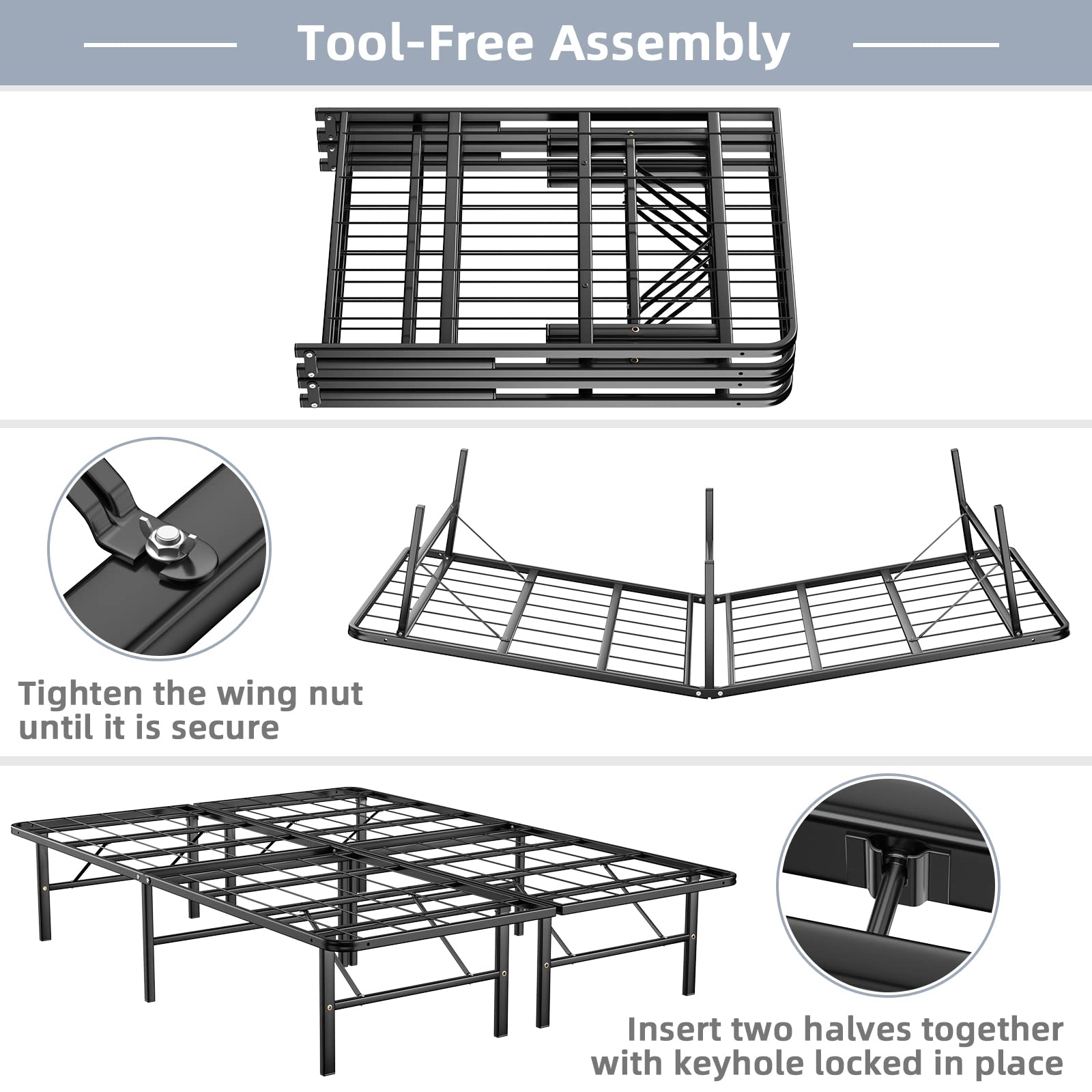 14 Inch Foldable Metal Mattress Foundation | Heavy Duty Bed Frame with Steel Slat