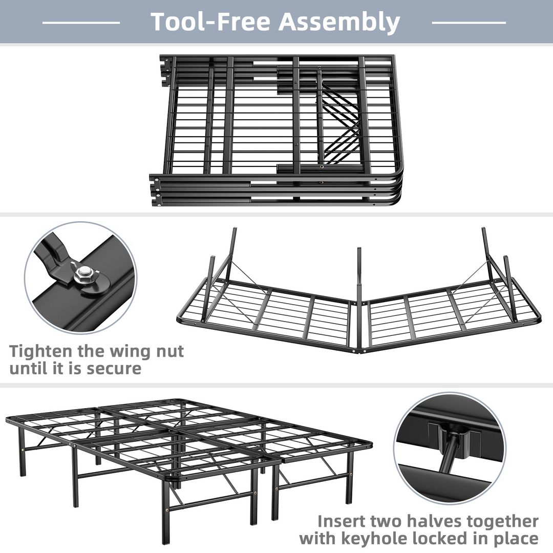 14 Inch Foldable Metal Mattress Foundation | Heavy Duty Bed Frame with Steel Slat