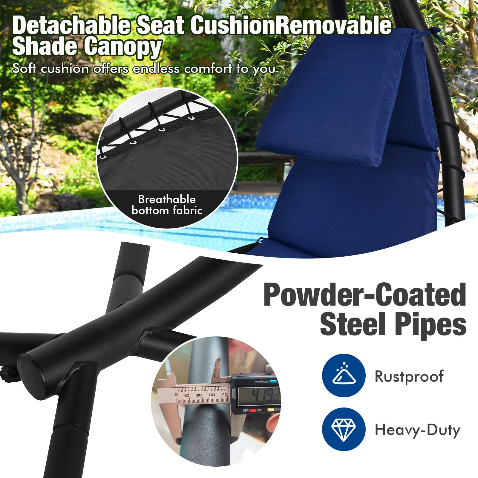 Hanging Chaise Outdoor Lounge Chair Porch Swing Hammock Chair with Arc Stand