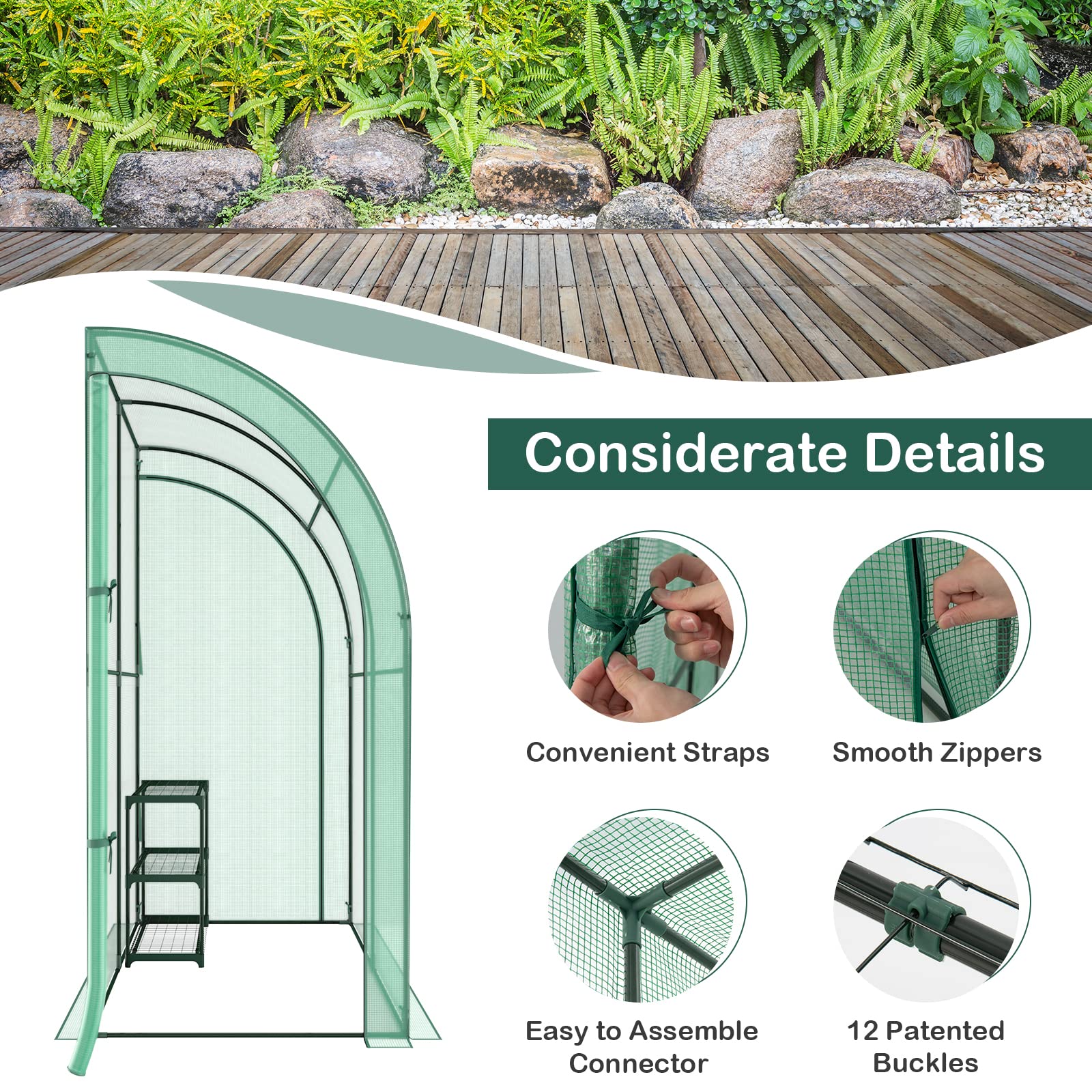 Giantex Walk-in Lean-to Greenhouse - with 3-Tier Plant Stand, 7’x 3.5’x 7’ Green House, PE Grid Cover