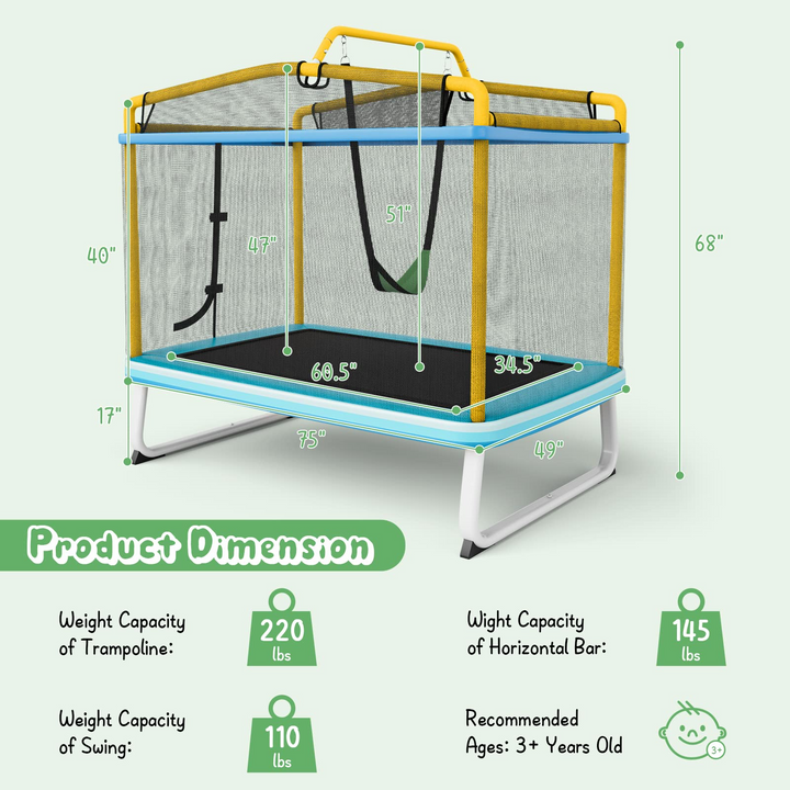 Giantex 6Ft Kids Trampoline with Swing and Horizontal Bar