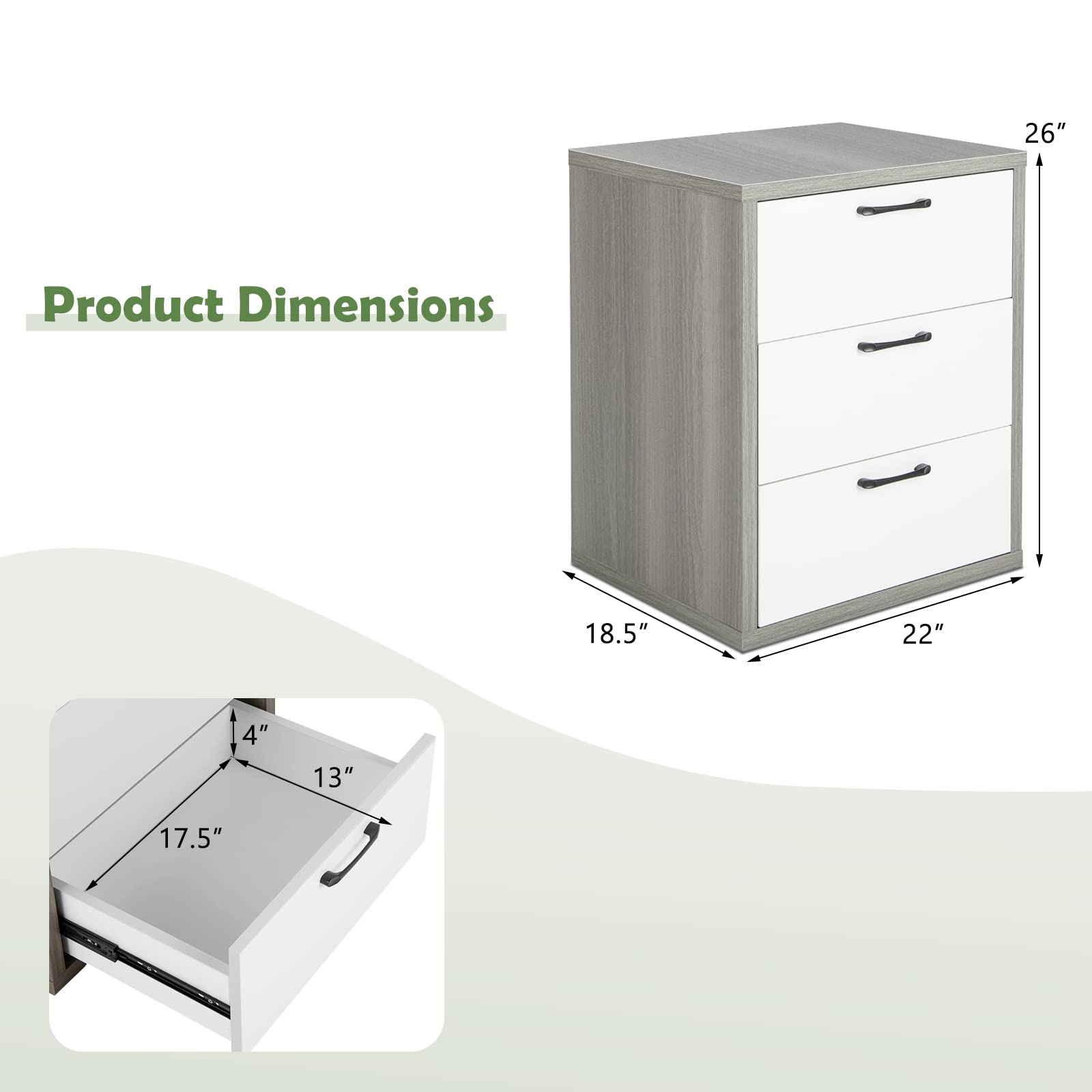 Giantex Storage Drawer Dresser - Wood End Table, Night Stand with 3 Drawers (1, White & Gray)