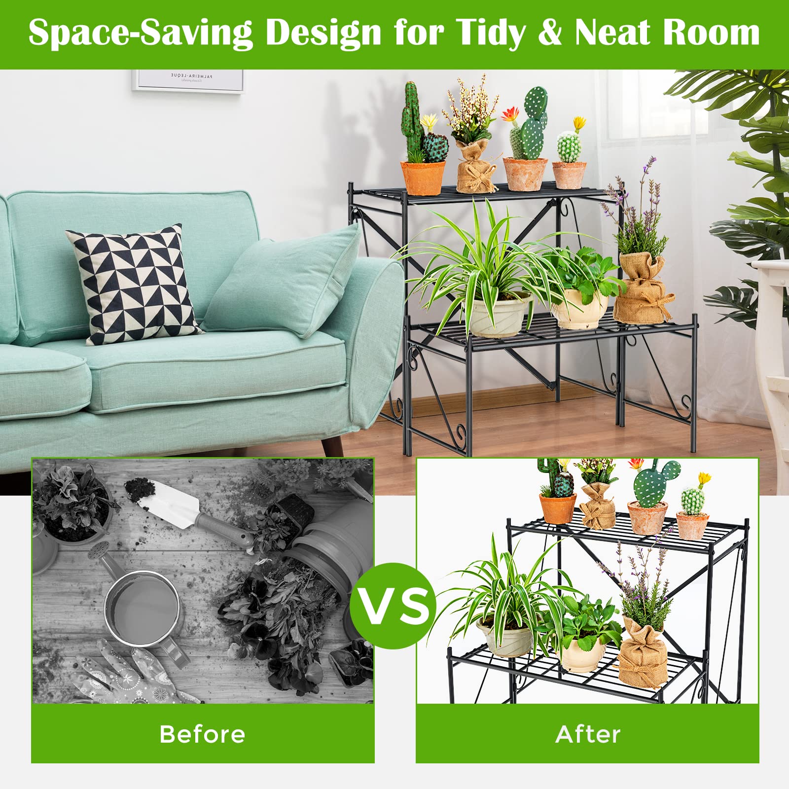 Giantex 2 Tier Stair Style Metal Plant Stand, Flower Pot Display Holder with Widened Grid Rack