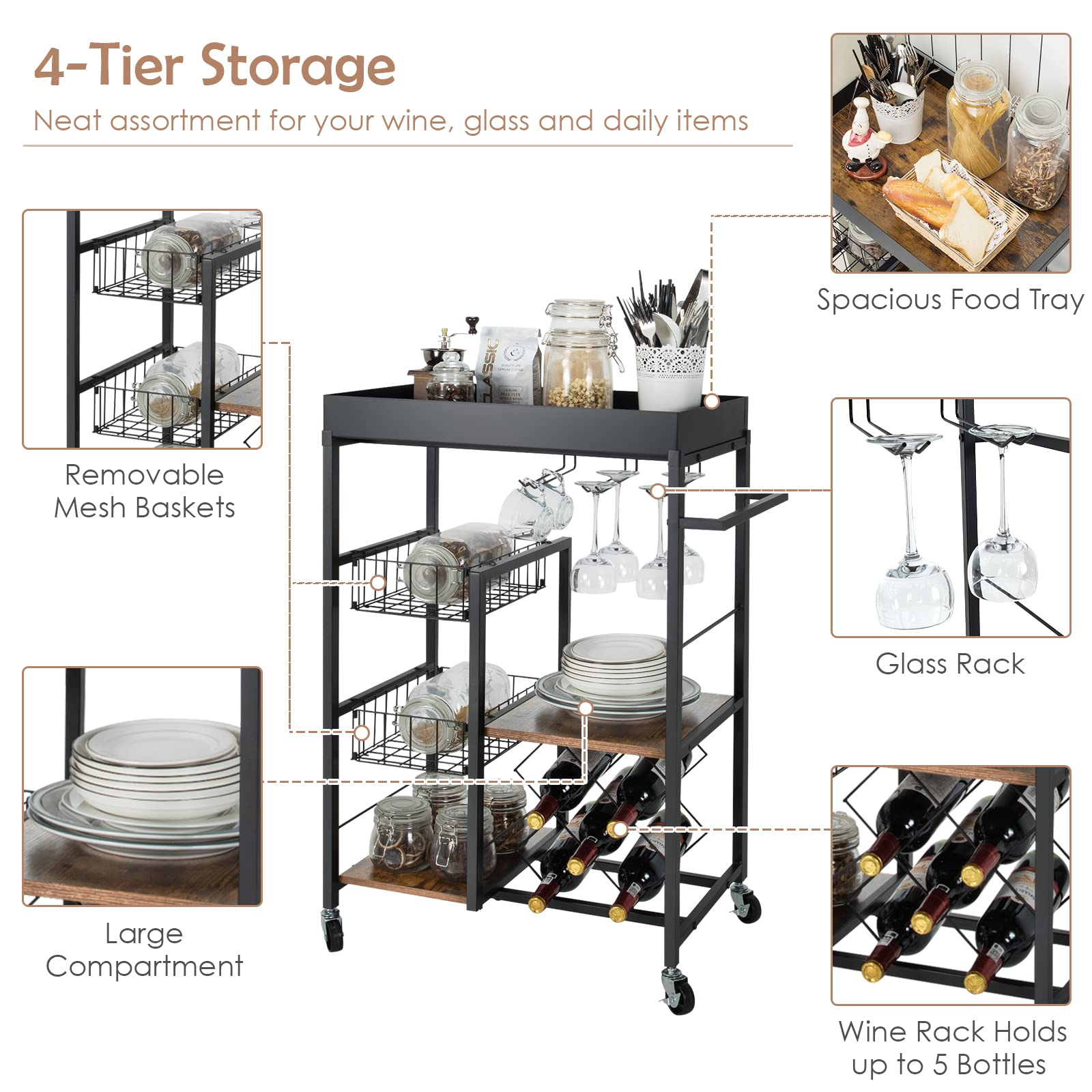 Giantex Kitchen Island Cart on Wheels, Mobile Bar Serving Cart,with Removable Top Tray