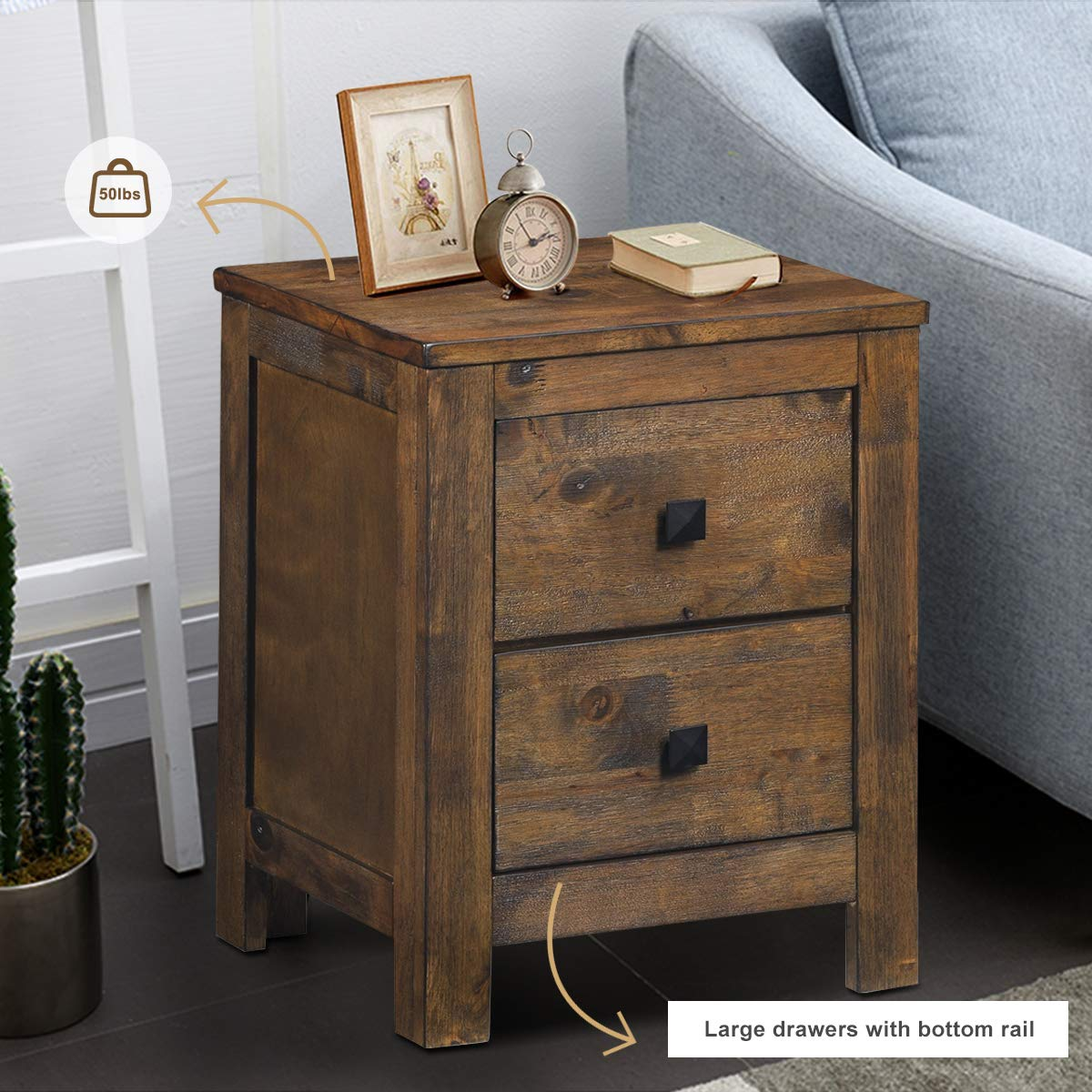 Giantex Nightstand with 2 Sliding Drawers, Full Assembled Rustic Multipurpose Storage Beside Table for Bedroom